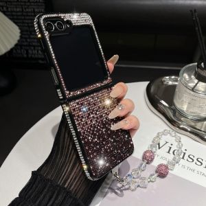 Glitter Diamond Wrist Chain Case for Samsung Galaxy Z Flip 6 5 4 3 Zflip flip6 Bracelet Gradient Bling Rhinestone Hard PC Cover