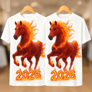 2026 New Years Limited Edition Flame Red Horse Printed Short Sleeve T-shirt Starry Sky Blue Bottom Cool Top Trendy Personality Holiday Loose Short Sleeve Casual Comfortable Breathable Top Large S-5XL
