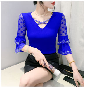 YIMEI เสื้อยืดผู้หญิงลายเพชรร้อนแรงใหม่ฤดูร้อนสง่างามเสื้อกันแดดตาข่ายแยกออกจากกันเสื้อแฟชั่นแขนโลตัส2024เต้นเซ็กซี่