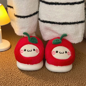 WY-XIXITIAO ลูกแมวแอปเปิ้ลสีแดงน่ารักสำหรับผู้หญิงรองเท้าแตะผ้าฝ้ายบ้านอบอุ่นสบายการ์ตูนฤดูหนาวรองเท้าขนสัตว์นุ่มและน่ารัก