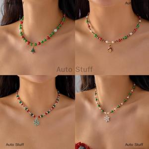[COD] Auto Stuff สร้อยคอคริสมาสต์สีแดงและสีเขียวต้นคริสต์มาสเกล็ดหิมะจี้กระดูกไหปลาร้าโซ่สร้อยคอลูกปัดตัดกัน