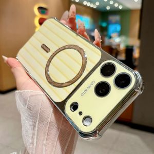 Corrugated Pattern Plating Bumper Magnetic Case For iPhone 18 17 16 15 14 13 12 Pro Max For Magsafe Lens Film Protection Cover