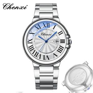 Chenxi Silver Waterproof Calendar Luminous Mens Watches Quartz Watch Stainless Steel Strap Male Wristwatch