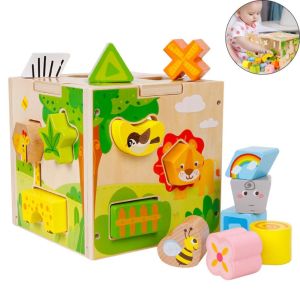 BENYTRO Learning Cube Wooden Activity Cube Vintage Wooden Shape Pattern Pairing Shape Sorter Toy High Quality Sorting Cube Montessori Toys Toddlers Play