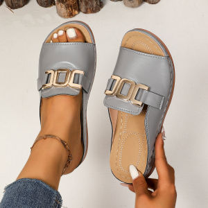 [Free Shipping] 2026 New Thick-Soled Slippers For Women Fashionable Metal Buckle Fish-Mouth Sandals Plus-Size Comfortable Wedge Heels