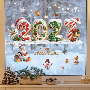 MYTHIS PVC Christmas Window Stickers Santa Claus Designs Snow Designs Christmas Glass Window Stickers Xmas Ornaments Botanical Designs Xmas Wall Sticker Home Decor