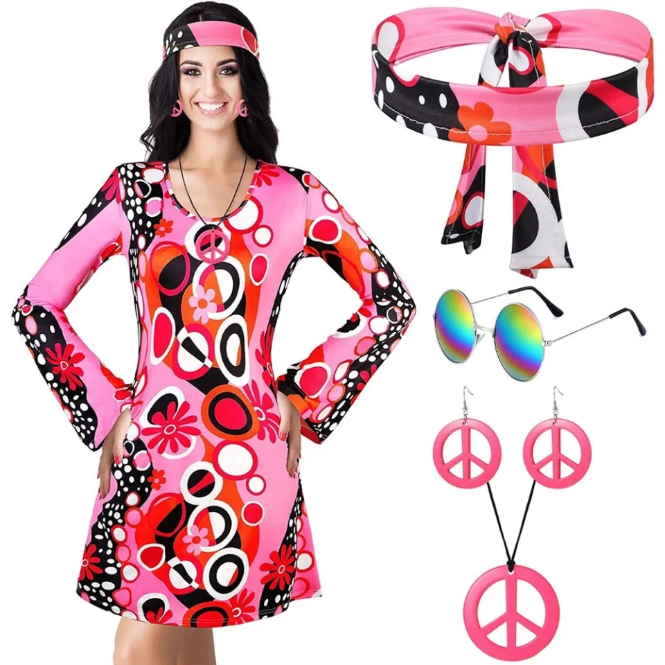 6PCS 70s 80s Hippie Dress Costumes Necklace Earrings Sunglass