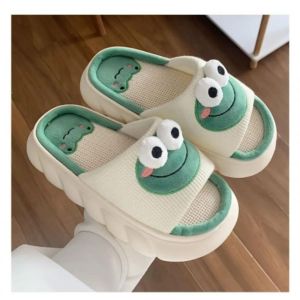 Frog Linen Slippers For Women Suitable For All Seasons Indoor Home Use Odor-Resistant Thick-Soled Cotton-Linen Fabric Suitable For Spring Autumn And Summer