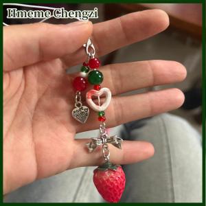 Hmeme Unique Sweet Strawberry Phone Charms Pendant Cute Bow Heart Beaded Keychain Camera Schoolbag Decoration Accessories Gifts