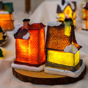 Christmas Resin Village Houses Miniature Model LED Lights Glow House Xmas Gift Ornaments Decor