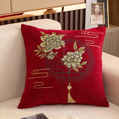 【In stock】Simple Chinese Style Chenille Jacquard Cushion Cover 45x45cm Embroidery Flower Decorative Pillows Home Bedroom Bed Sofa Pillowcase