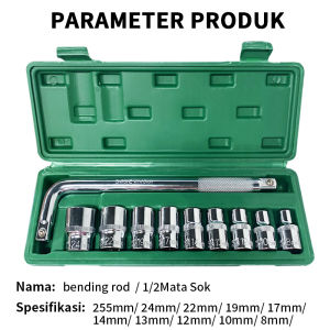ISKU Deep Socket Set 10 Pcs 1/2 Inch 8-24mm Mata Sok Panjang CR-V + Gagang L Handle Kunci Shock Motor Mobil