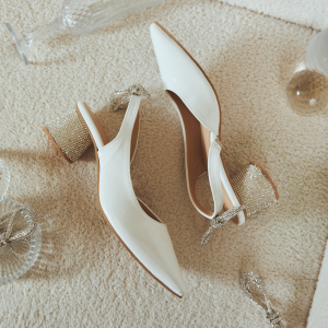 [บวกไซส์] MiniB "Wonderful" #mnb125 - รองเท้าคัชชูส้นสูงส้นเพชร หัวแหลม ประดับโบว์เพชร