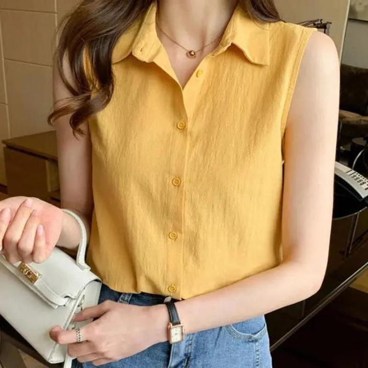 Sleeveless Shirt Women Plus Size Office Formal Blouse Korean Style Summer  Fashion Loose Yellow Tops Lazada PH