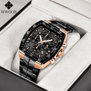 WWOOR Fashion Men Square Casual Wristwatch Top Luxury Male Japanese Quartz Watch Stainless Steel Bracelet With Calendar With Free Box-8836
