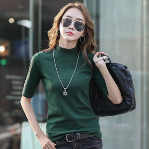 2021 New Spring and Summer Plain Short Sleeve T-shirts for Women Blouse Cotton Slim Slimming Womens Clothing Half-high Collar Black Bottoming Shirt Fashion Tops Solid Color Half Sleeve Clothes