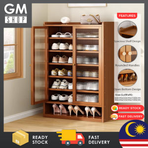 GMSHOP 2/3 Door Multilayer Transparent Dustproof Bamboo Shoe Cabinet Organizer Storage Rack Rak Kasut Bertutup Almari