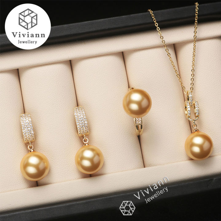 Viviann 18k gold South Sea Shell Pearl Gold Jewelry for Women Sets Necklace  Earrings Ring With Zircon Party Birthday Wedding Gift Pearl Earrings