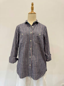 Hàng si Nhật_Áo sơ mi nữ sọc dọc xanh đậm phối hồng tay dài form cơ bản size L