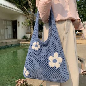 IU MISS Trendy Grocery Handbags Summer Flower Mesh Ethnic Style Storage Bag Shopping Bag Large Capacity Bohemian Shoulder Bag Women Handbag Woven Knitted Bag Tote Bag