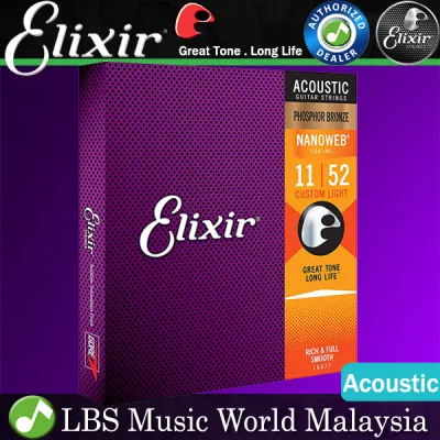 Elixir 16027 Nanoweb Acoustic Guitar String Phosphor Bronze Custom Light Bright Smooth (11-52) 16002 16027 16052 16077 16102