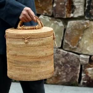 Handwoven Rattan Storage With Lid Wicker Tea Food Container Picnic Bread Fruit Cake Basket Ornament Boxes Kitchen Organizer