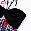 PatPat Family Matching Black Cotton Tee Beach Short-sleeve Shirt and Flora Print Splicing Halter Strap Midi Dress Sets. 