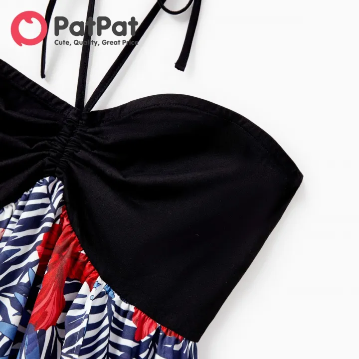 PatPat%20Family%20Matching%20Black%20Cotton%20Tee%20Beach%20Short-sleeve%20Shirt%20and%20Flora%20Print%20Splicing%20Halter%20Strap%20Midi%20Dress%20Sets%20-%20Image%206