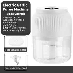 Ultra large capacity 300ml 4-blade blade Garlic Mincer Food Chopper Electric Food Processor and Grinder Onion Chopper and Garlic Crusher Grinder Household Versatile Meat Vegetable Electric Grinder USB