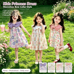 AILEBE Kids Dresses Sleeveless Puffy Collar Princess Dress Soft Stretchy Breathable Four-Way Stretch Fabric Lightweight Summer Wear Cute Elegant OOTD Pambahay For Baby Girls 0-13 Years Perfect For Daily Parties Photoshoots