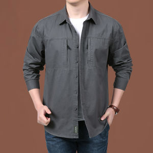 FUGUINIAO Mens Shirts Loose Long Sleeve Washed Cotton Multi-Bag Tooling Songkran Festival Day Casual Shirts Shirts Breathable