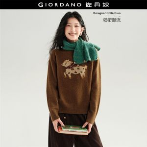 GIORDANO Women Sweaters Lamb Jacquard Wool-Blend Sweaters Crewneck Fashionable Casual Relaxed Sweaters 18356828