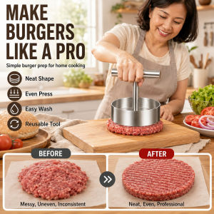 Stainless Steel Round Burger Press Heavy Duty Patty Maker 304 Stainless Steel Meat Press Non-Stick Hamburger Mold BBQ Grill Tool Easy Cleaning Home Kitchen Accessory