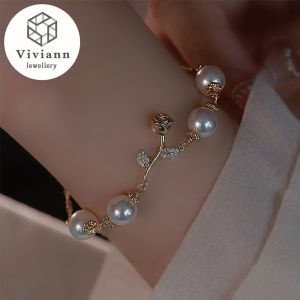 Viviann Original Pearl Advanced French Luxury Rose Bracelet White 7-8mm Pearl Bracelet Charms925 Silver Pearl Gold Bracelets for Women Girls Ladies Pearls Beaded Bangles Chain for Women Jewelry Gift
