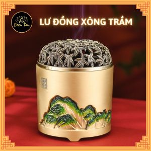 Lư xông trầm hương- lư đốt trầm bằng đồng nguyên chất thay thế lư xông trầm điện chạm khắc họa tiết núi xanh shop Diệu Tâm