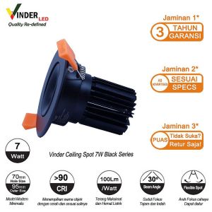 Vinder Ceiling Spot Spotlight Downlight 7 watt 7w Adjustable Inbow COB Black Series / Lampu Downlight COB Bisa Redup Terang / Dimmable atau Non Dimmable