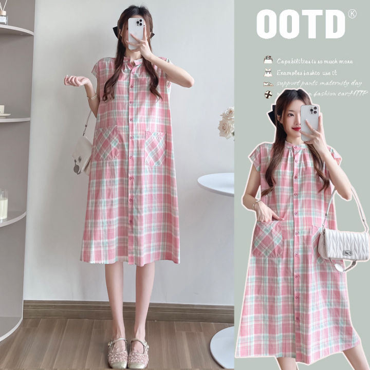 Pregnant Women Clothes Summer Short sleeved Plaid Shirt Dress Open Button Breastfeeding Dress Nursing Skirt Lazada PH