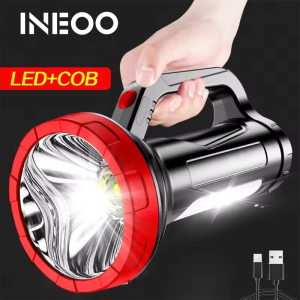 INEOO LED Flashlight USB Rechargeable Most Strong COB Torch Light Long Range Digital Power Display Built-in Battery