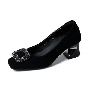 Free Shipping Square-Toe Shallow-Mouth Single Shoes For Women Featuring A Chunky Heel New Autumn Style With Rhinestone Embellishments Comfortable To Wear And In Black