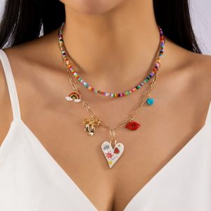 NOBLELUX Multi-layer Cherry Beads Necklace Rhinestone Bow Pearl Beaded Necklace Cute Red Fruit Stacked Clavicle Choker Women
