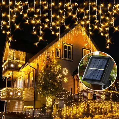 Solar Icicle Curtain Lights Solar Christmas Light Outdoor Waterproof 8 Lighting Modes Eaves Decor for Christmas Party Garden Home Decoration Fairy Curtain Light