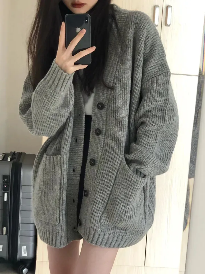 Korean Style Long Cardigan Sweater Plain Loose Casual Buttoned Pocket Knitted Cardigan Lazada PH