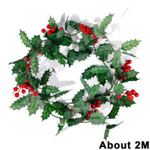 2M Artificial Red Berries Leaf Vine Foliage Rattan Garland Christmas DIY Wreath Door Window Table Stair Decor Xmas Tree Hanging Ornaments Festival New Year Wedding Decoration
