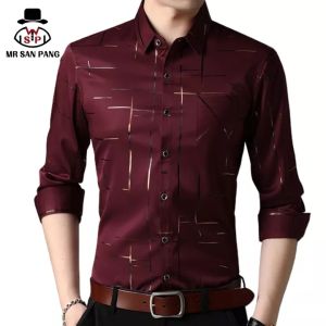 MSP Slim Men Shirt Dress Long Sleeve Turn Down Collar Stripes Single-breasted Polo Business Shirt Top