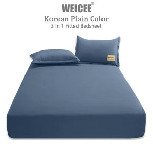 WEICEE 3 in 1 Bedsheet No Lukot No Gusot Korean Plain Bedsheet Set(1 Fitted Sheet + 2 Pillowcases)Single/Double/Queen/King Size Bed Sheet Cover With Garter