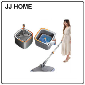 【JJ HOME】Clean Dirty Split Spin Mop Set Hands Free Single Bucket Mop with Microfiber Pads