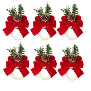 xpkQ 6PCS Fabric Craft Christmas Napkin Rings Realistic Pine Needle Red Bow Napkin Rings Delicate Simulation Festive Napkin Buckle R7Q2P