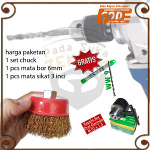 Kepala Bor 10mm Chuck Untuk Drat Gerinda + Sikat Mangkok Kawat Kuningan 3inch Mangkuk Mata Grinda