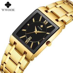 WWOOR Top Luxury Brand Watch For Men Business Square Dial Calendar Stainless Steel Water Resistant Analog Quartz Original Wristwatch