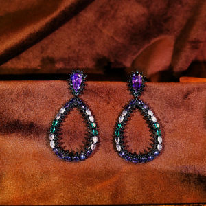 SEQUITO Ladies Hollow Waterdrop Black Gold Plated Dangle Earrings Micro Pave Multicolor AAAAA Zirconia Daily Part SE1061